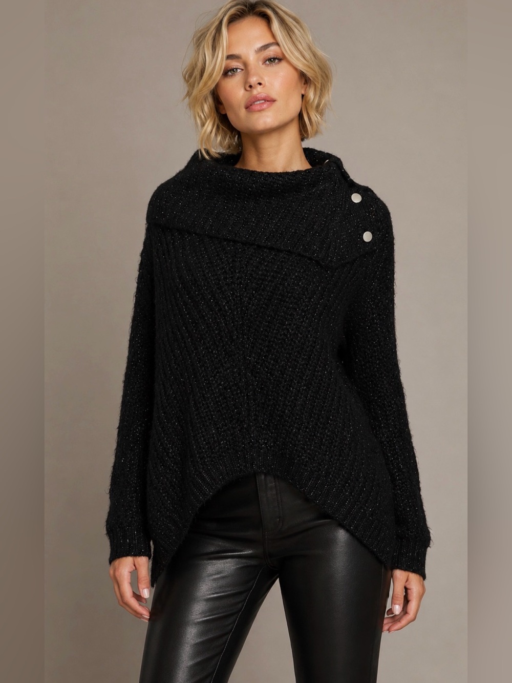 Jennifer Lopez Asymmetrical Black Sparkle Oversized Knit Sweater Size S - NWOT